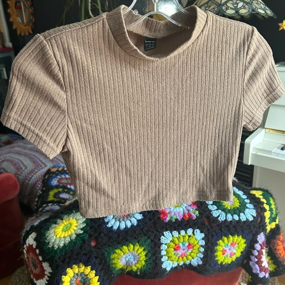 SHEIN Tan Ribbed Crop T-Shirt S